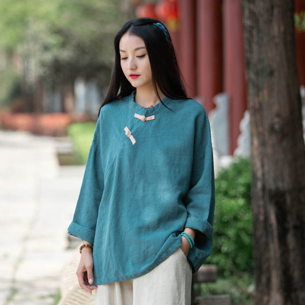 Women Sand-Washed Round Collar Zen Style Linen and Cotton Long Sleeves Side Cardigan Shirt