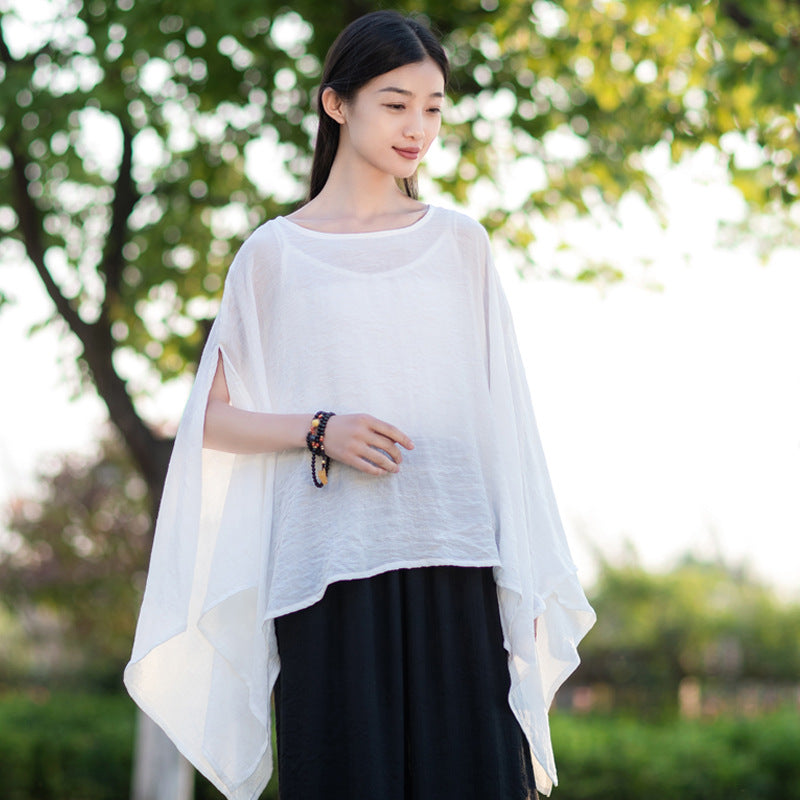 Summer NEW! Women Modern Loose Style Linen and Cotton Round Necked Short Sleeves Shirt