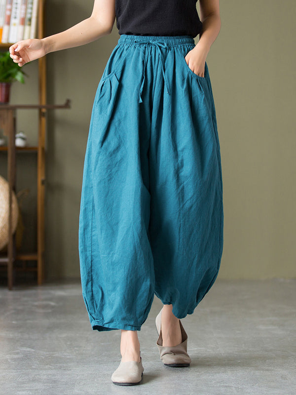 2021 Autumn NEW! Women Lantern Style Linen and Cotton Causal with Waist Belt Loose Cropped Pants