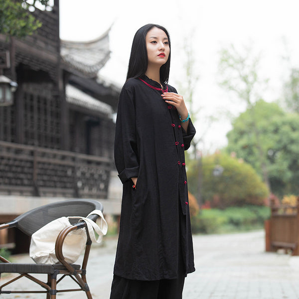 Women Round Collar Asian Style Linen and Cotton Long-sleeved Coat