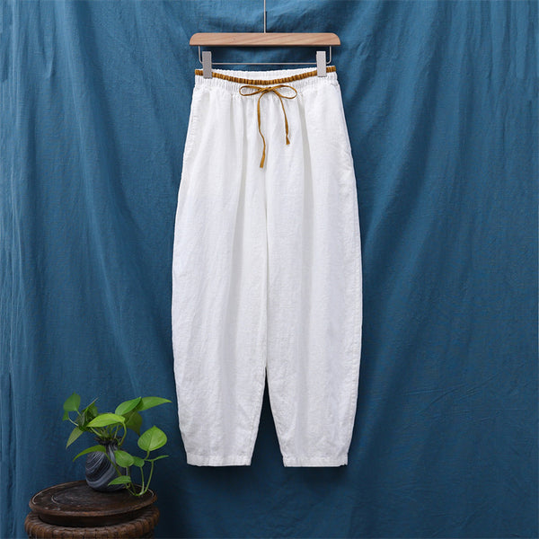 2021 Autumn NEW! Women Lantern Style Linen and Cotton Causal Loose with Waist Belt Cropped Pants