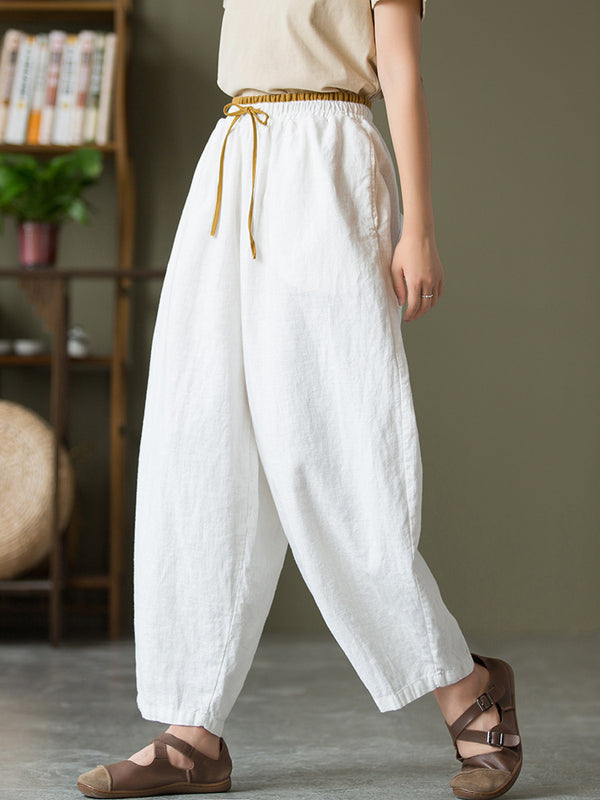 2021 Autumn NEW! Women Lantern Style Linen and Cotton Causal Loose with Waist Belt Cropped Pants