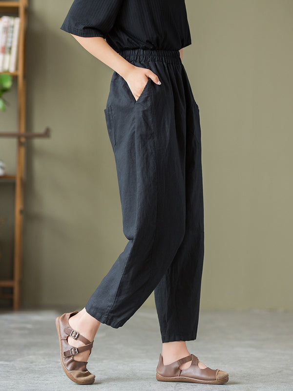 2021 Autumn NEW! Women Lantern Style Linen and Cotton Causal Patchwork Front Pocket Cropped Capris