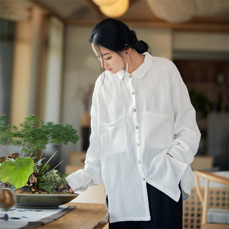 Summer NEW! Women Modern Style Linen and Cotton Big Pockets Long Sleeve Shirt