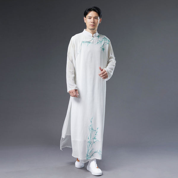 Men Classic Asian Style Linen Long Sleeve Round Collar Bamboo Printed Cheongsam