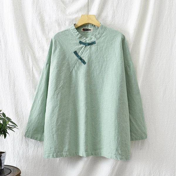 Women Sand-Washed Round Collar Zen Style Linen and Cotton Long Sleeves Side Cardigan Shirt