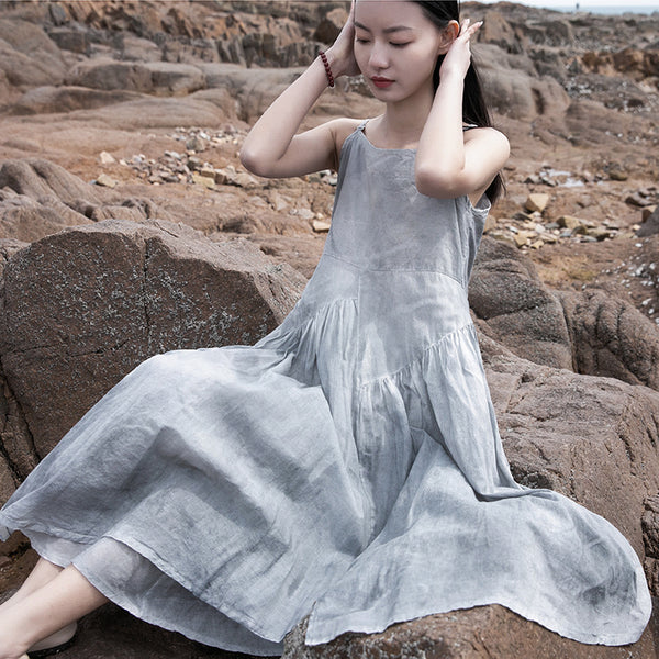 Women Loose Linen and Cotton Dyed Color Slip Dress