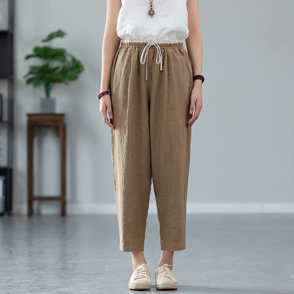 2022 Summer NEW! Women Retro Style Linen and Cotton Waist Belt Cropped Pegged Pants