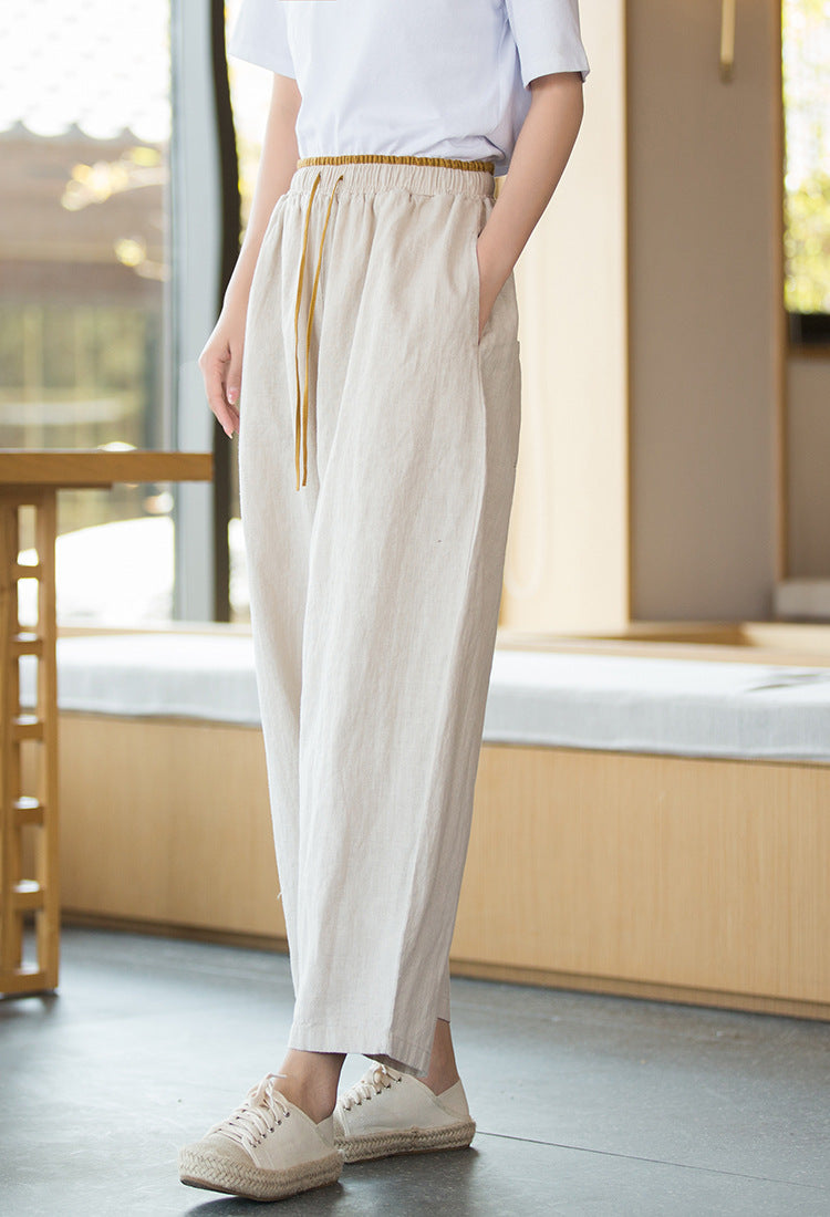 Summer NEW! Women Simple Style Linen and Cotton Cropped Pants