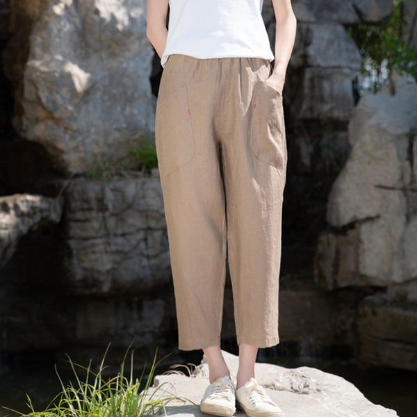 2022 Summer NEW! Women Retro Style Sand Washed Linen and Cotton Font Pocket Pegged Pants