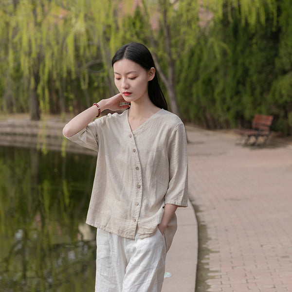 Women Linen and Cotton Middle Sleeves Cardigan Shirt