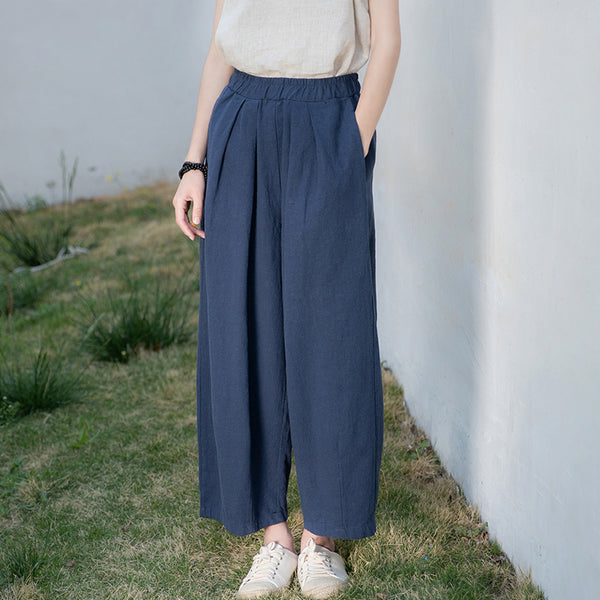 2022 Summer NEW! Women Retro Style Sand Washed Linen and Cotton Wide Leg Pants