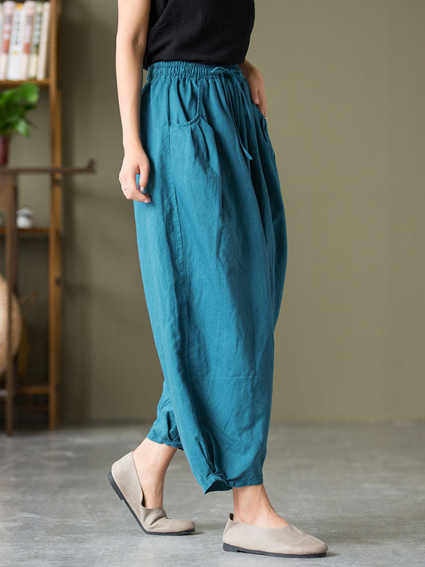 2021 Autumn NEW! Women Lantern Style Linen and Cotton Causal with Waist Belt Loose Cropped Pants