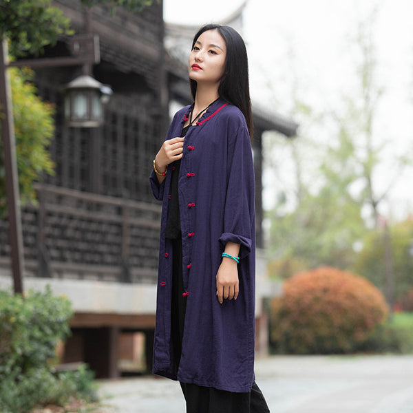 Women Round Collar Asian Style Linen and Cotton Long-sleeved Coat