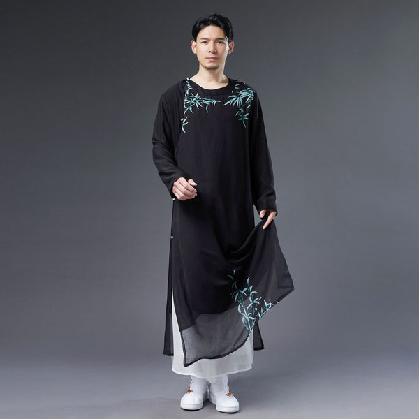 Men Classic Asian Style Linen Long Sleeve Round Neck Bamboo Printed Cheongsam