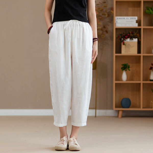 2022 Summer NEW! Women Causal Style Linen and Cotton Waist Belt Cropped Pegged Pants