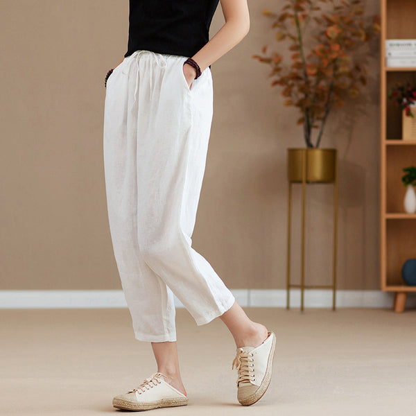 2022 Summer NEW! Women Causal Style Linen and Cotton Waist Belt Cropped Pegged Pants