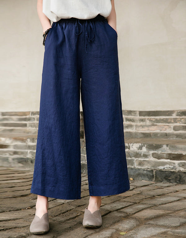 Women Casual Style Linen and Cotton Lantern Cropped Wide Leg Pants