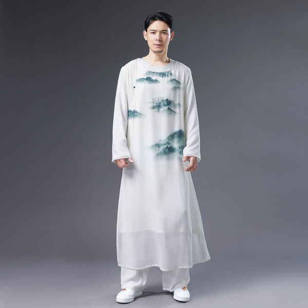 Men Classic Asian Style Linen Long Sleeve Round Neck Landscaping Printed Cheongsam