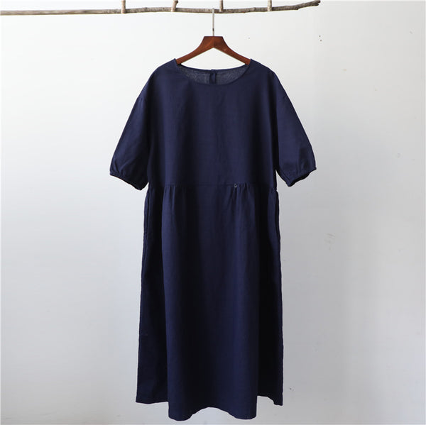 Women Loose Linen and Cotton Round Neck Middle Sleeve Dress