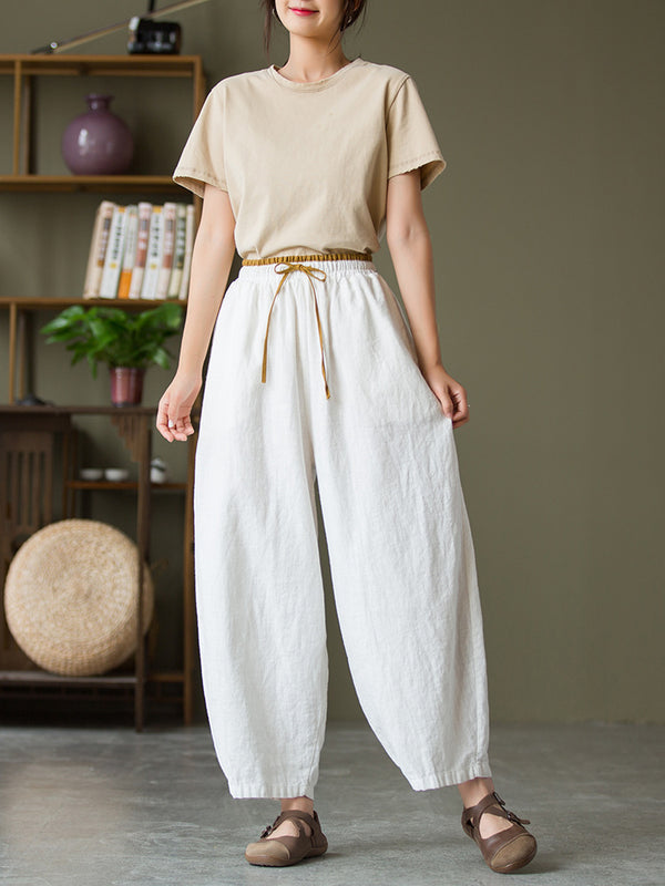 2021 Autumn NEW! Women Lantern Style Linen and Cotton Causal Loose with Waist Belt Cropped Pants