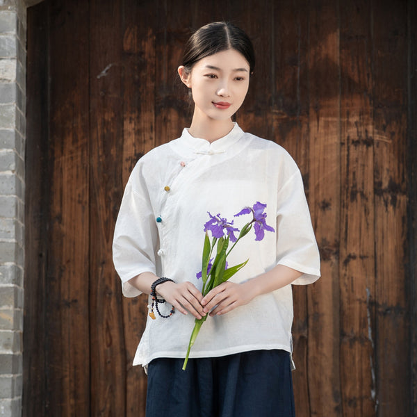 2022 Summer NEW! Women Chinese Ethnic Style Linen and Cotton Mid-length Sleeves Shirt