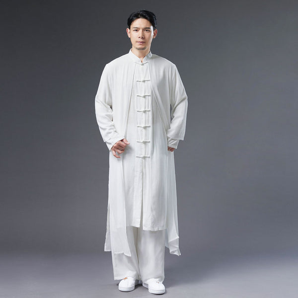 Men Classic Asian Style Linen Long Sleeve Round Collar Pure Color Cheongsam