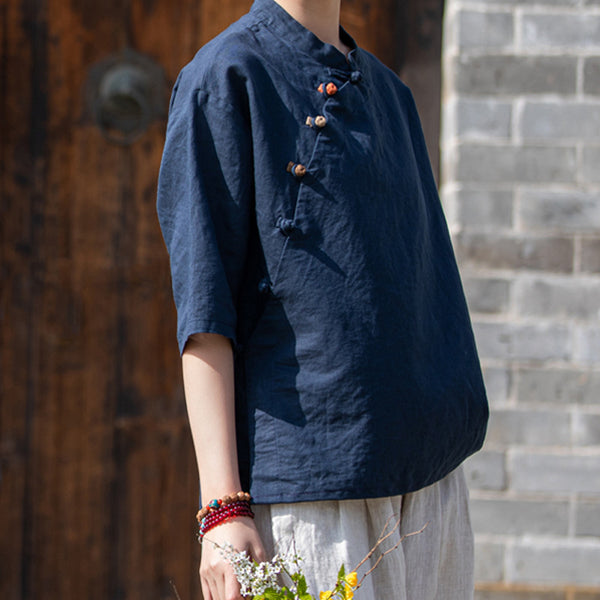 2022 Summer NEW! Women Chinese Ethnic Style Linen and Cotton Mid-length Sleeves Shirt