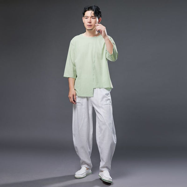 2022 Summer NEW! Men Pure Color Linen and Cotton Middle Sleeve T-Shirts