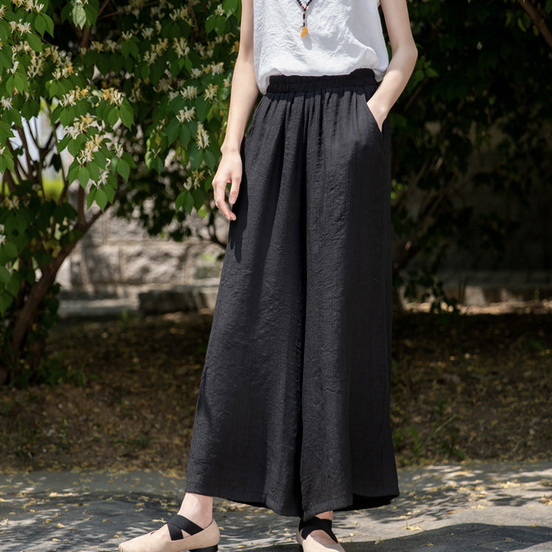 Summer NEW! Women Loose Style Wrinkle Linen and Cotton Cropped Big Leg Cropped Pants