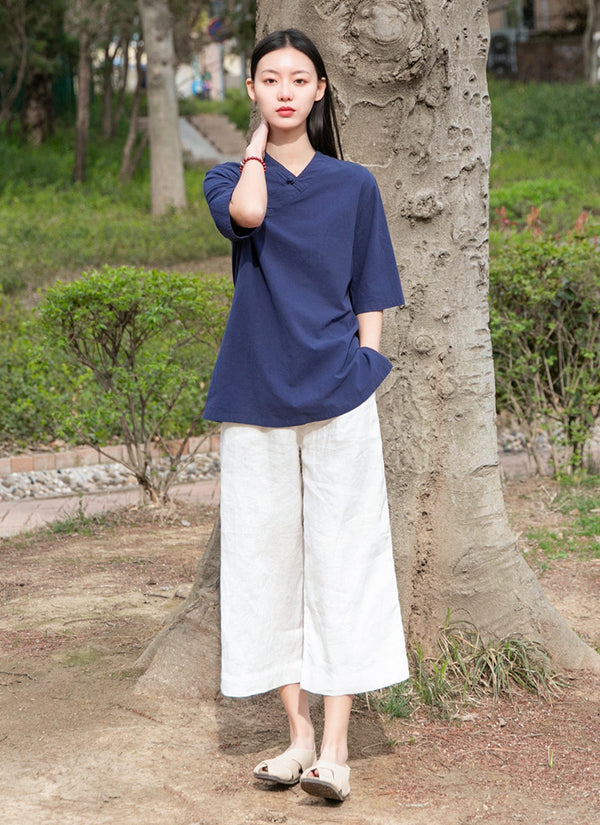 Women Asian Style Linen and Cotton Middle Sleeves Chinese Blouse