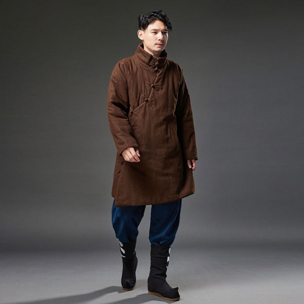 2021 Winter NEW! Men Retro Style Linen and Cotton Quilted Side Buckle Coat