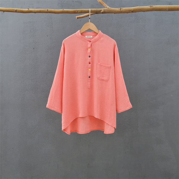 2021 Autumn NEW! Women Simple Light Style Linen and Cotton Pure Color Top Buckle Wrinkled Blouse Shirt