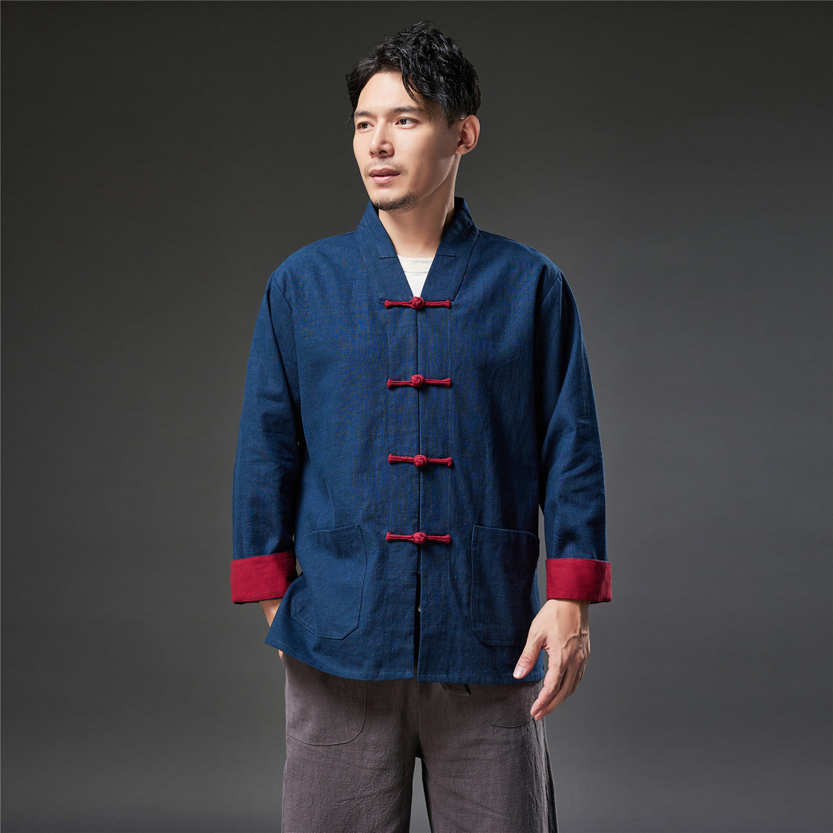Autumn NEW! Men Retro Chinese Style Linen and Cotton Long Sleeve Cardigan Thin Jacket