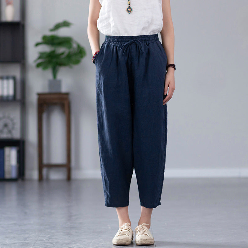 Summer NEW! Women Causal Style Linen and Cotton Waist Belt Cropped Pegged Pants
