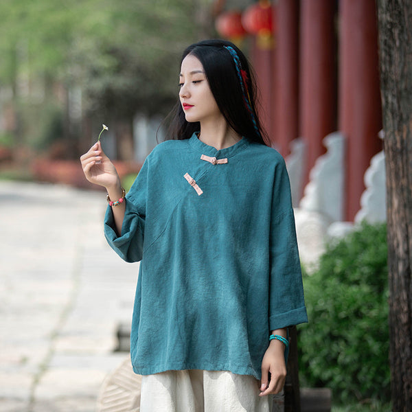 Women Sand-Washed Round Collar Zen Style Linen and Cotton Long Sleeves Side Cardigan Shirt