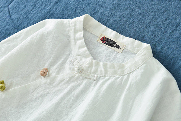Women Round Collar Zen Style Linen and Cotton Long Sleeves Side Cardigan Shirt