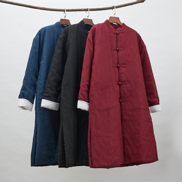 2021 Winter NEW! Men Retro Chinese Style Linen and Cotton Quilted Long Tunic Coat