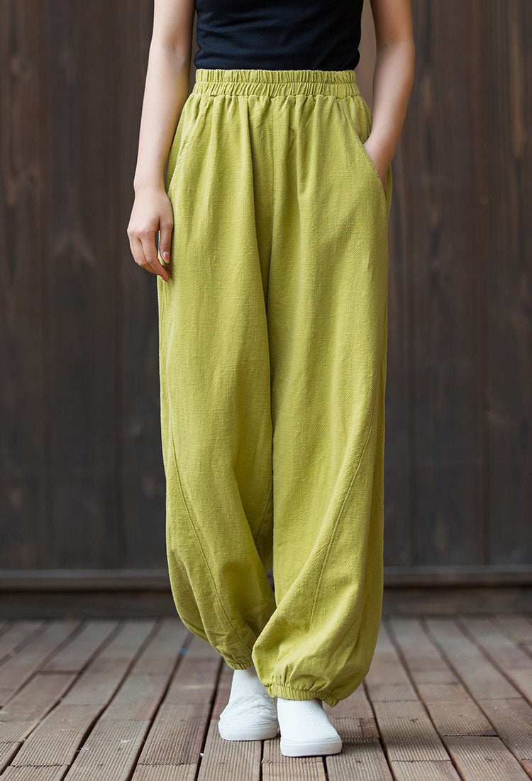Summer NEW! Women Sporty Style Lantern Leisure Sand Washed Linen and Cotton Pants