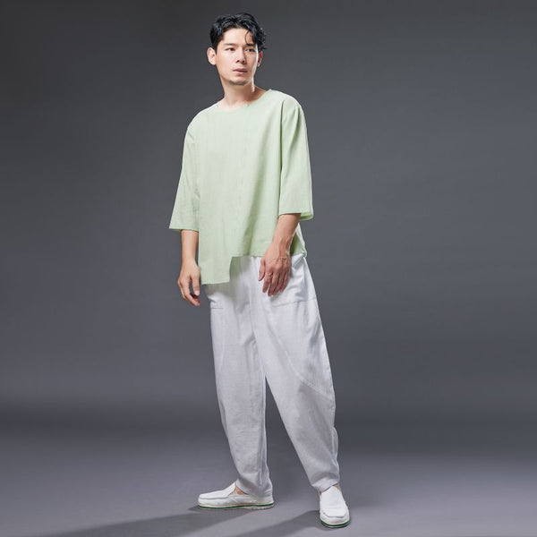 2022 Summer NEW! Men Pure Color Linen and Cotton Middle Sleeve T-Shirts