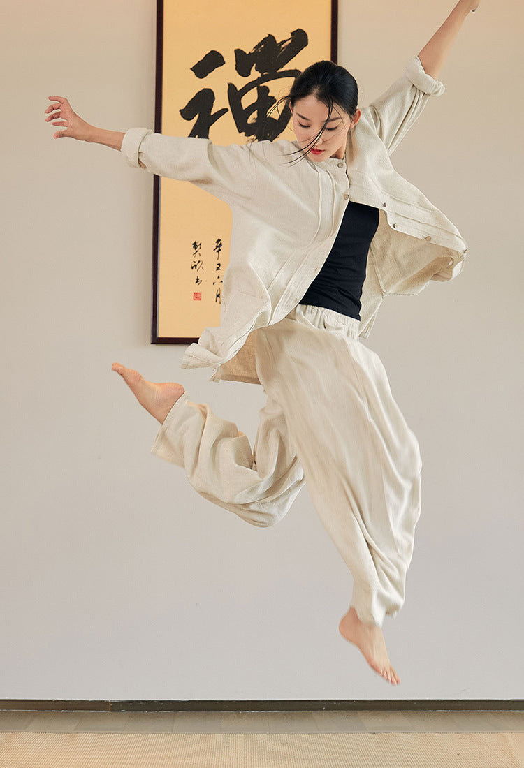 Summer NEW! Women Lantern Style Sand Washed Linen and Cotton Loose KungFu Pants