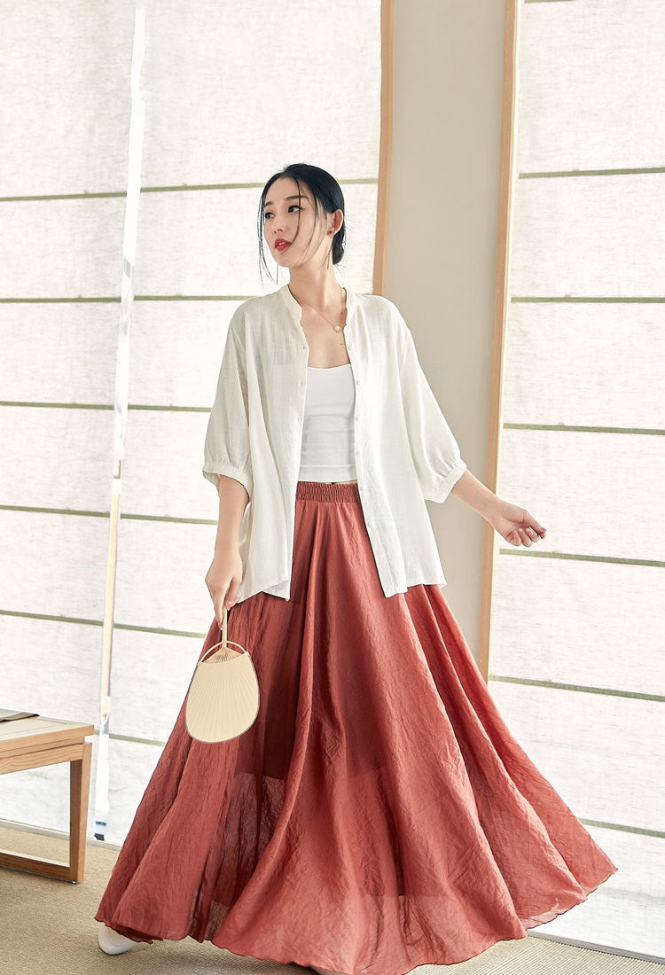 Summer NEW! Women Modern Style Linen and Cotton Round Collar Mid Sleeve Shirt
