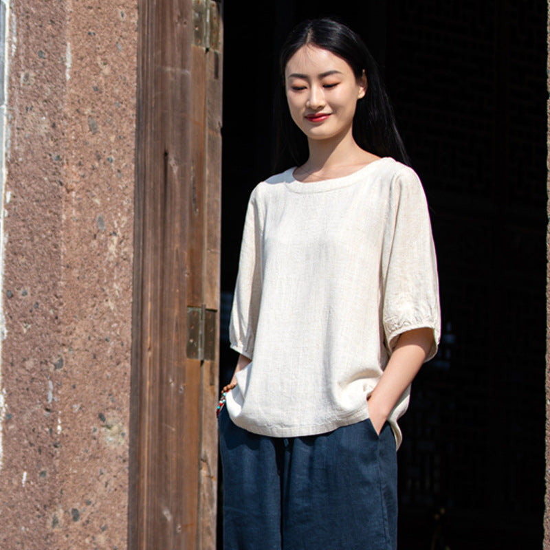 Summer NEW! Women Simple Style Wrinkled Linen and Cotton Middle Sleeves Shirt