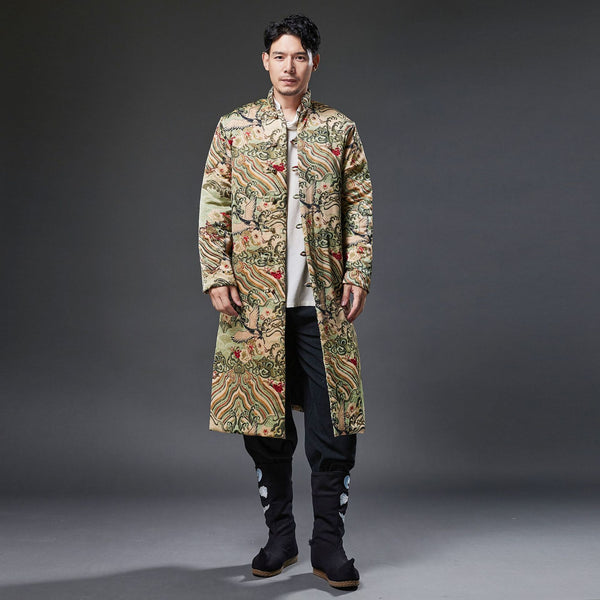 2021 Winter NEW! Men Retro Chinese Pattern Printed Linen and Cotton Quilted Tunic Type Coat