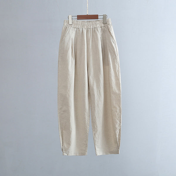 2022 Summer NEW! Women Simple Causal Lantern Style Sand Washed Linen and Cotton Cropped Pants