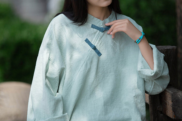 Women Sand-Washed Round Collar Zen Style Linen and Cotton Long Sleeves Side Cardigan Shirt