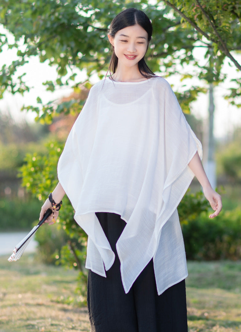 Summer NEW! Women Modern Loose Style Linen and Cotton Round Necked Elbow Sleeves Shirt