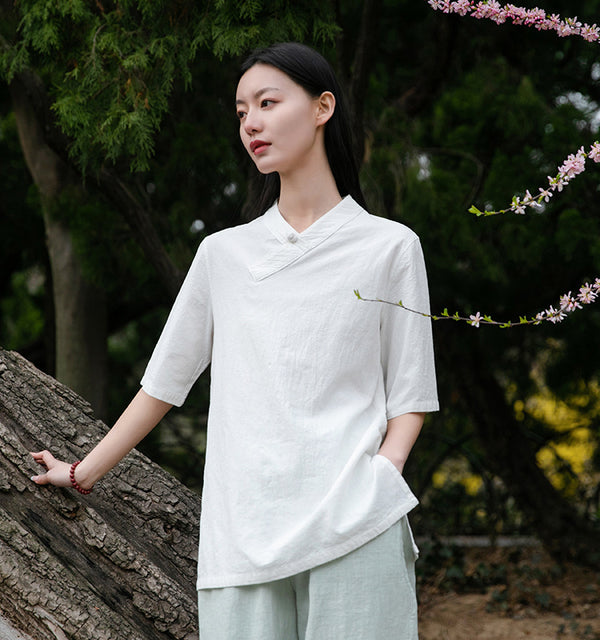 Women Asian Style Linen and Cotton Middle Sleeves Chinese Blouse