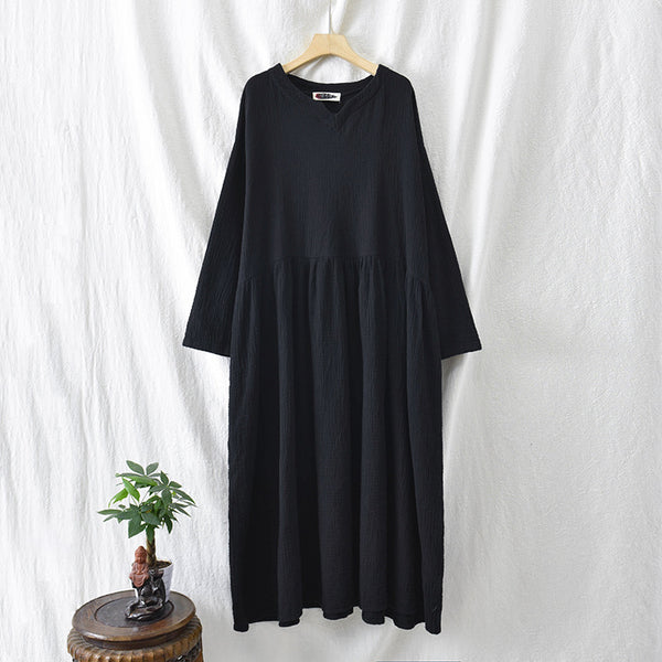 Women Loose Style Wrinkled Linen and Cotton Long Sleeve Dress