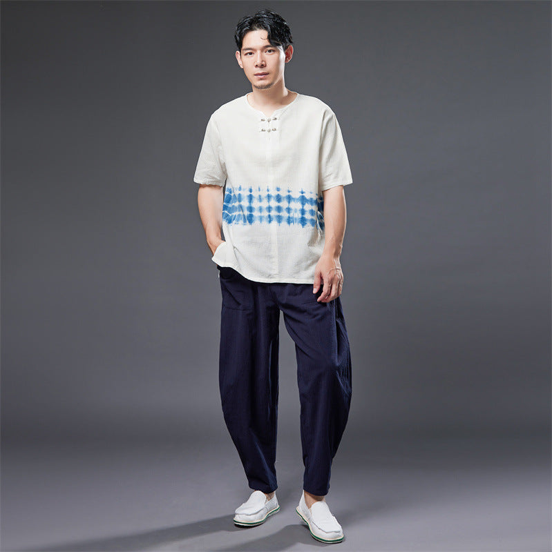 Summer NEW! Men Natural Dyed Linen and Cotton Round Necked Short Sleeve T-Shirts